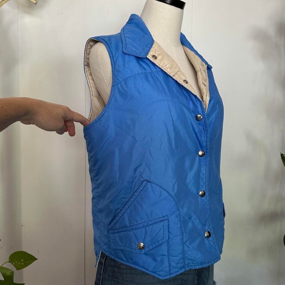 Sierra Designs Vintage 80s Puffer Vest Blue Tan Quilted Snap Front Womens Medium